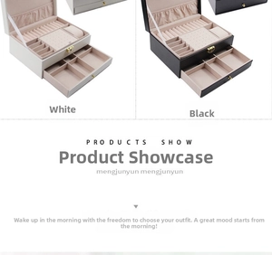 Dual-layer leather jewelry box featuring a gold lock and drawer in black and white