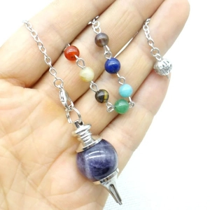 Seven chakra stone pendulum pendant with amethyst ball and silver chain for healing
