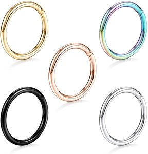 Polished 316L stainless steel hinged nose rings in gold, rose gold, silver, black, and rainbow