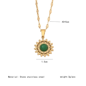 Detailed view of gold stainless steel necklace with 1.5cm green stone pendant dimensions