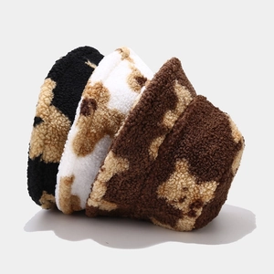 Winter warm faux fur bucket hat with cute bear pattern in multiple stylish colors
