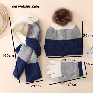 Winter knit set for kids with hat, scarf and gloves in tricolor design, weighing 325g