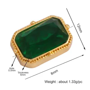 Rectangle gold-plated jewelry pendant with dark green zircon stone and beaded edge