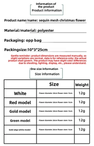 Size chart for 20cm sequin mesh Christmas flowers with material and weight details