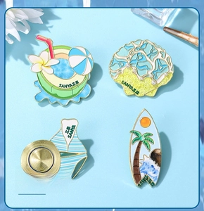 Set of 4 tropical Sanya travel fridge magnets with coconut, shell, and surfing designs