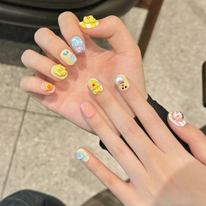 3D Butter Bear cartoon press-on nails with Macaron colors and embossed floral designs