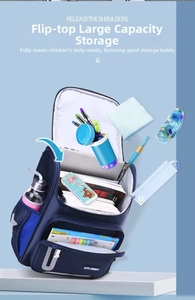 Detail of blue school bag with large capacity flip-top opening and multi-layer storage