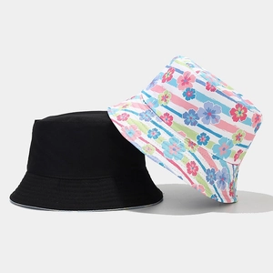 Close-up of a black and floral printed bucket hat showing quality cotton fabric texture