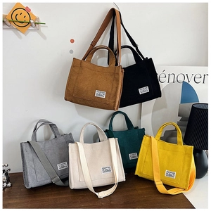 Detailed collection of corduroy tote bags in six autumn colors with adjustable straps