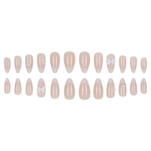 French almond press-on nails with 3D white bows, floral accents and gold beads