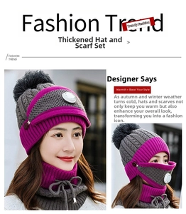 Close-up of thick knit hat and neck warmer set with breathing valve and grey fur pompom