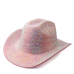 Macro detail of sparkly pink rhinestones on a stylish western cowboy party hat