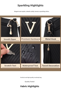 Women black shoulder bag detail view, metal V logo, smooth zippers and tassel decor.
