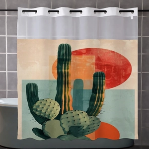 Detail of waterproof cactus print shower curtain with reinforced metal grommets