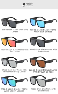 Matrix showing classic wood grain sunglasses with various colorful polarized lens options