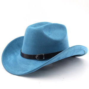 Detailansicht eines blauen Cowboyhuts aus Wildlederimitat mit schwarzem Lederband und Schnalle
