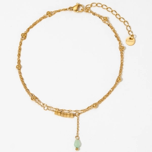 Double Layer Stainless Steel Anklet For Women Vintage Waterproof Non Tarnish Green Stone Cube Bead Boho Foot Jewelry