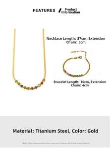 Size chart for gold titanium steel necklace and bracelet set with colorful zircon stones