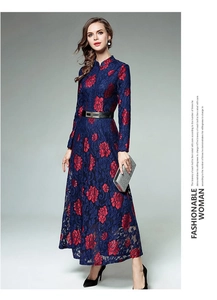 Deep blue lace dress with red rose floral patterns and elegant mandarin collar detail