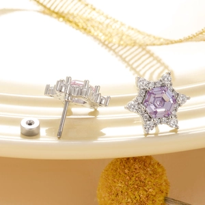 Silver titanium steel stud earrings with purple hexagonal zircon and small diamond halo