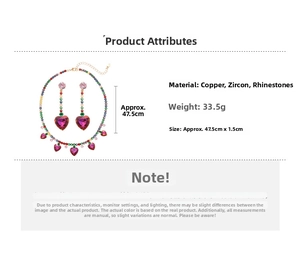 Detail view of colorful rhinestone heart jewelry set with necklace and drop earrings