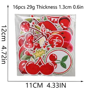 16-piece cherry embroidery patch set with heat melt glue backing for DIY decoration