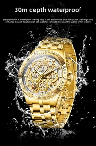 Macro view of OLEVS gold men's watch dial showing 30m water resistance and sub-dials