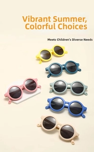 Detailed view of flexible silicone baby sunglasses in six assorted vibrant colors