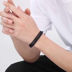 Men's double-layer black leather braided bracelet with tiger eye and agate stone beads
