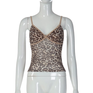 Close-up of leopard print mesh camisole with sexy V-neck and thin spaghetti straps