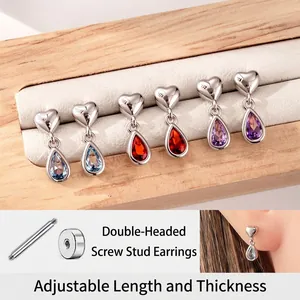 Heart Teardrop Pendant Cartilage Stud Earring Titanium Steel Copper Zircon Screw Back Piercing Jewelry Fashion