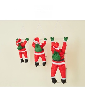 Three climbing Santa Claus plush figures on rope ladder in various sizes for Xmas decor