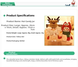 Detail view of Santa and Snowman candy jars with plush hats and size specifications