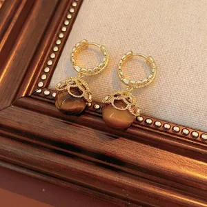 Vintage gold plated tiger eye drop earrings with zircon floral lace hollow design