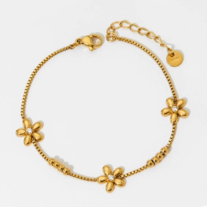 Elegant gold stainless steel bead bracelet with three delicate flower charms for women