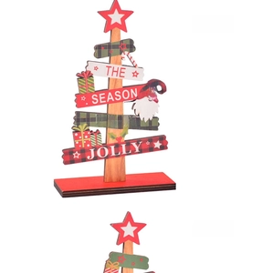 Detail of wooden Christmas tree tabletop decor with festive gnome and jolly text