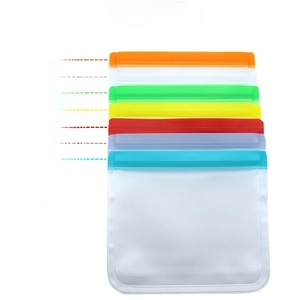 Reusable food-grade PEVA storage bags shown in seven vibrant colors for kitchen sealing