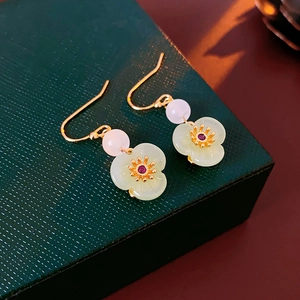 Detail of flower earrings with gold hooks, pink beads and light green jade-like petals