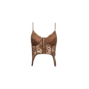 Canotta sexy a corsetto in pizzo marrone con stecche e chiusura a gancetti