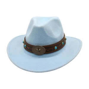 Close-up of sky blue felt cowboy hat featuring turquoise studs and silver star buckle