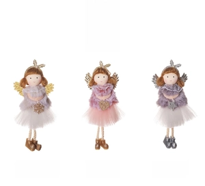 Three plush Christmas angel ornaments in cream, pink and gray with delicate wings