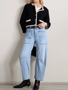 High waist light wash wide leg cargo jeans with large pockets for women