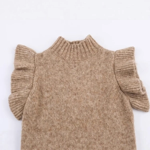 Women's camel wool knit top with layered ruffle shoulders and ribbed mock neck detail