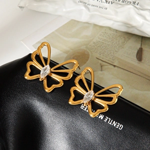 Elegant 18k gold plated stainless steel butterfly earrings with marquise zirconia stone