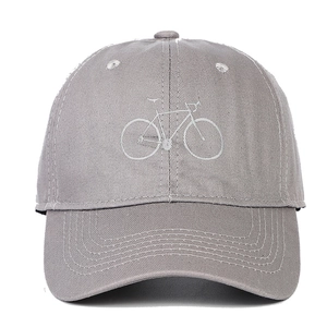 Unisex grey cotton baseball cap with minimalist embroidered bicycle pattern on front