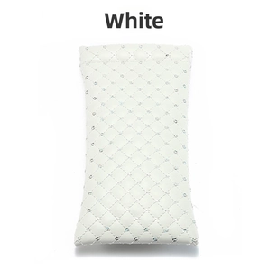 Detail of white quilted PU leather sunglasses pouch with sparkling rhinestone accents