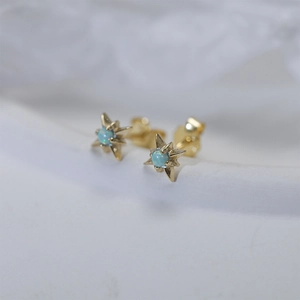 Macro shot of gold star-shaped earrings featuring center light blue opal stones