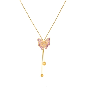 Elegant gold-plated necklace with pink purple gradient enamel butterfly and tassel gold beads