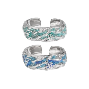 Textured S925 sterling silver open rings with blue lava enamel for women in pairs