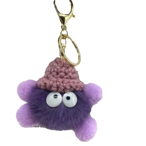 Cute purple faux mink fur monster keychain with pink knit hat and big cartoon eyes